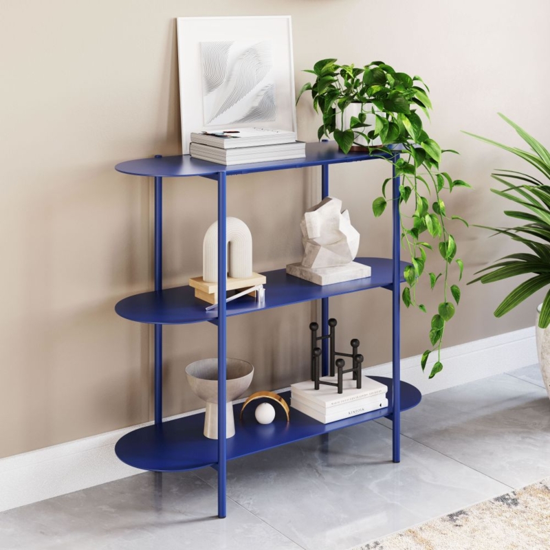 Console Table Oval Shelves Cobalt Blue Three Tier Modern Minimalist Slim