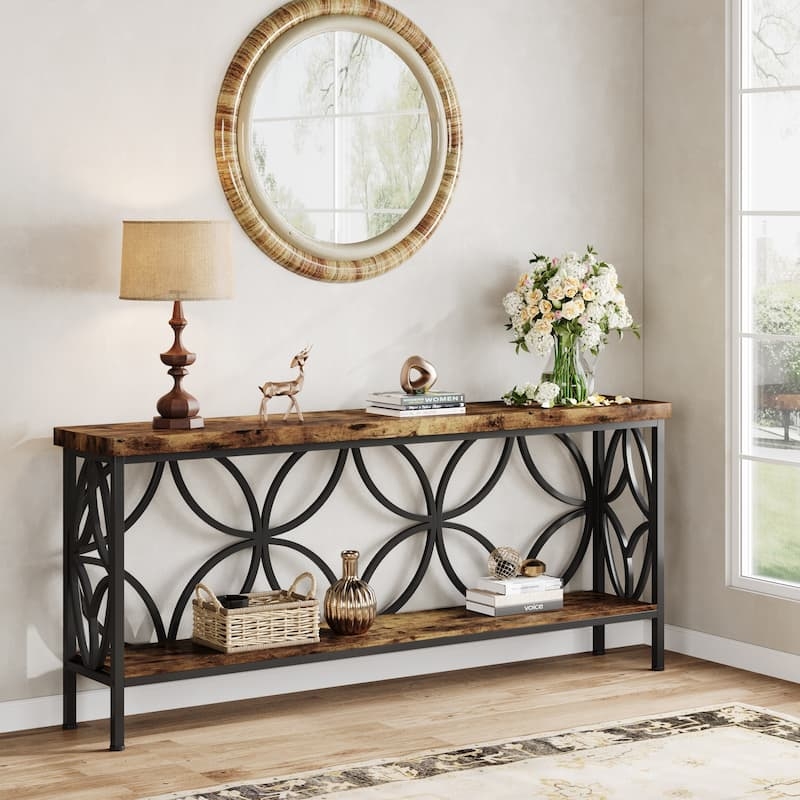 Console Table Overlapping Circular Frame Two-Tier Wood Shelves