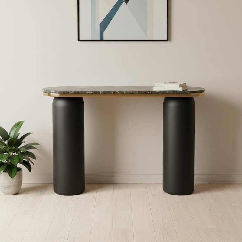 Console Table Pill Shaped Top Matte Black Double Pedestal Gold Trim