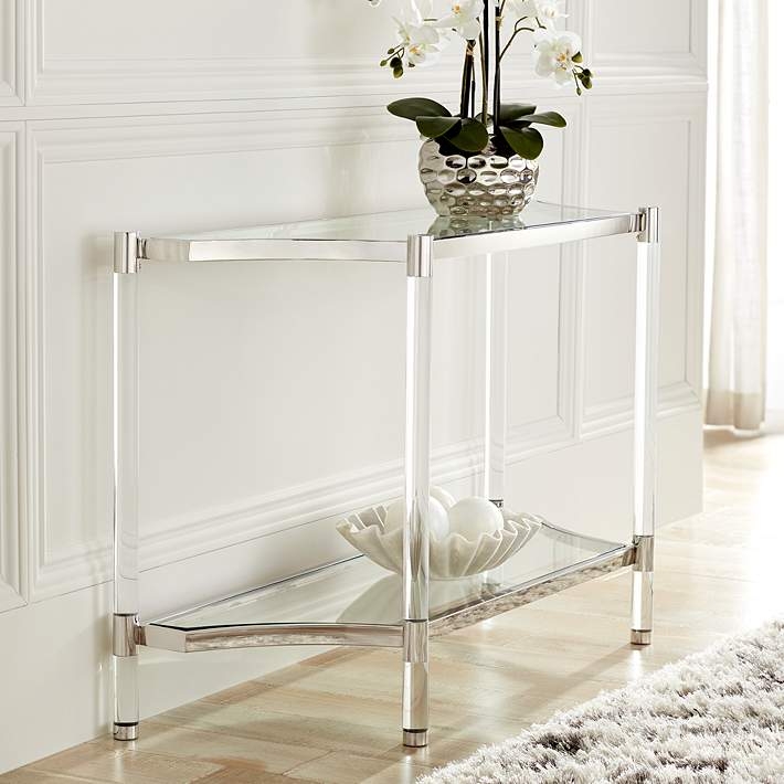 Console Table, Polished Chrome and Glass Two-Tier with Curved Apron.