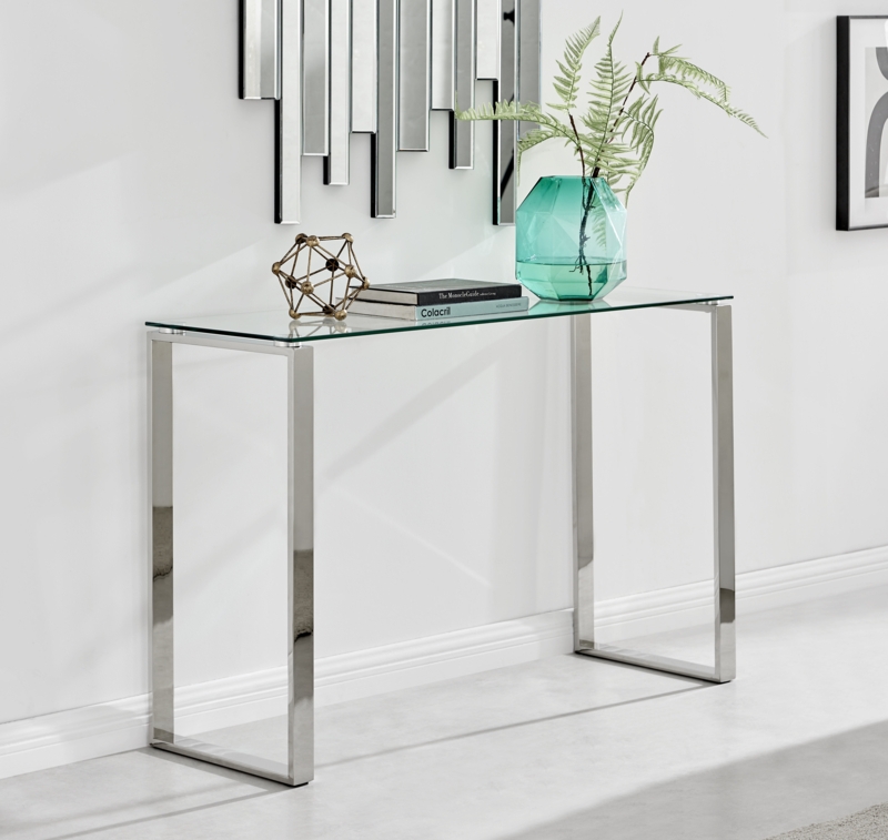 Console Table Polished Chrome Sled Frame Glass Top Modern
