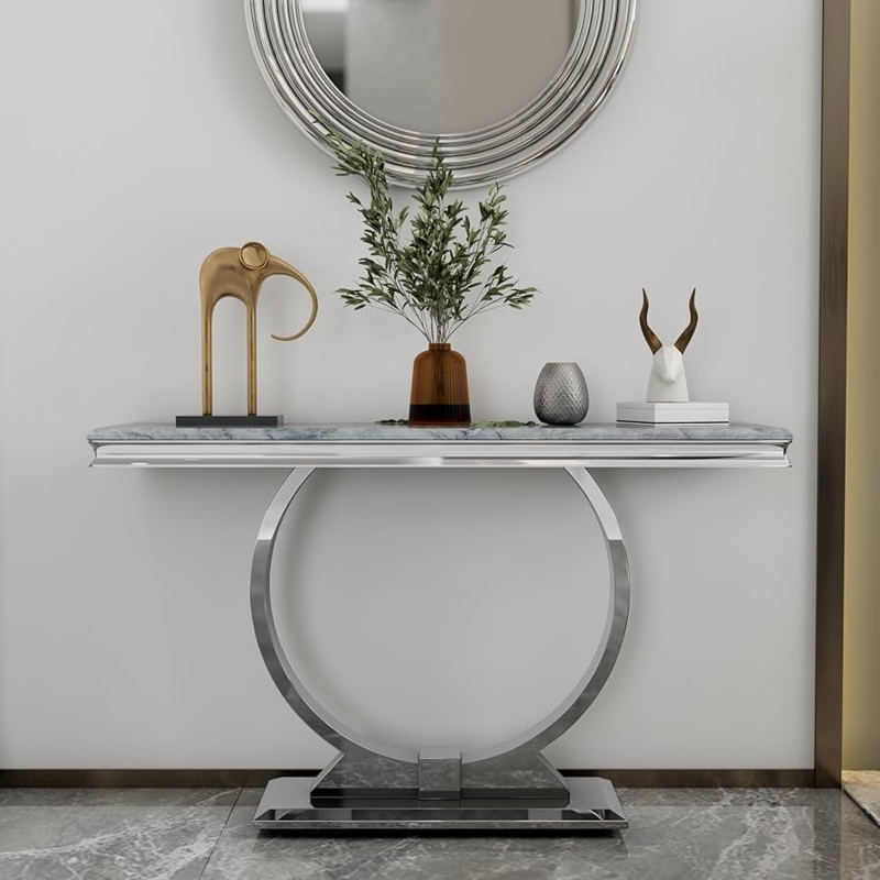 Console Table Polished Chrome U Shaped Base Marble Top Glam