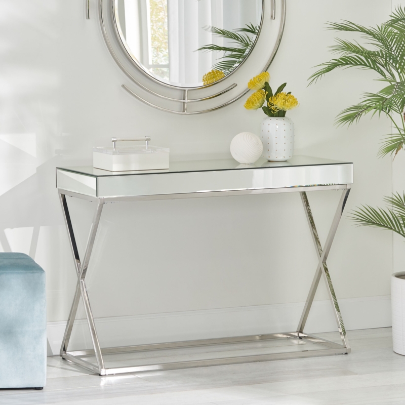 Console Table Polished Chrome X-Frame Mirrored Top Foyer Furniture