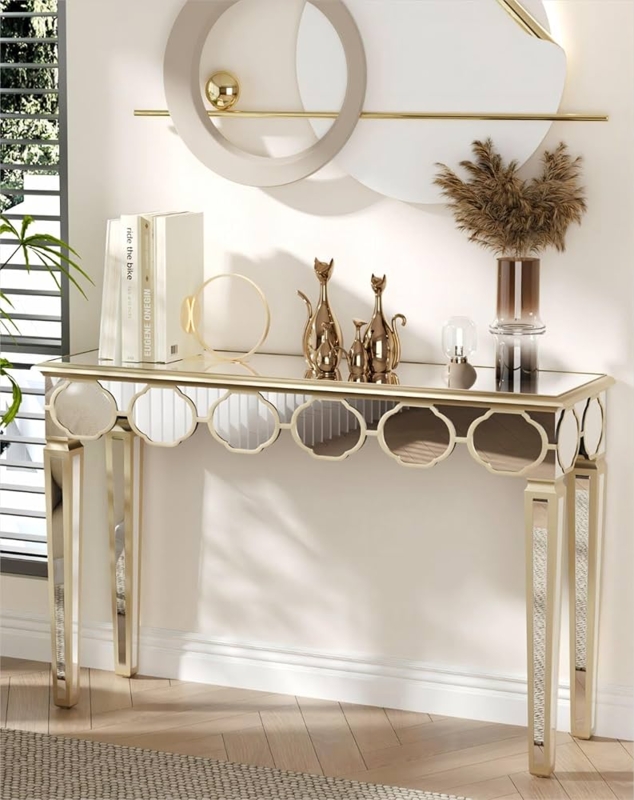 Console Table Polished Gold Mirrored Quatrefoil Apron Glam Entryway