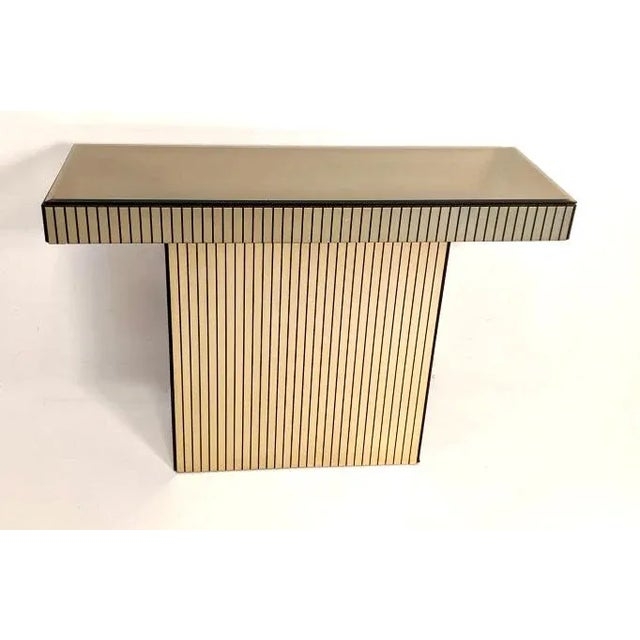 Console Table Polished Gold Ribbed Pedestal Mirrored Hollywood Regency