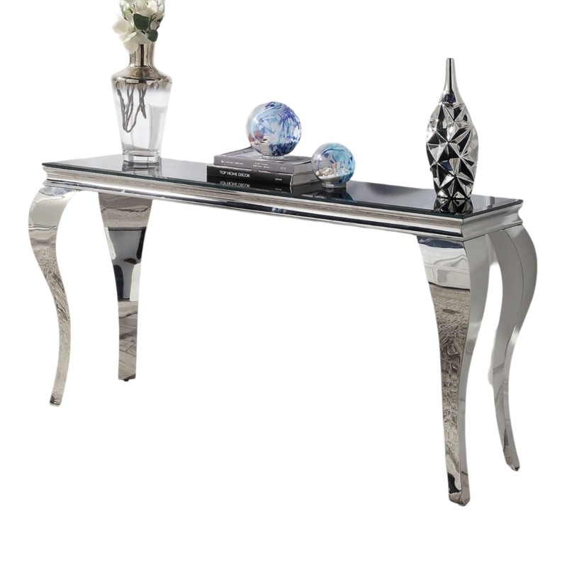 Console Table Polished Silver Faceted Cabriole Legs Black Glass Top