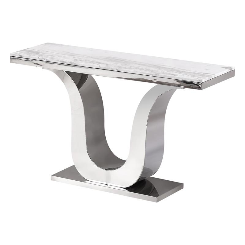 Console Table Polished Silver Pedestal Marble Veining Contemporary