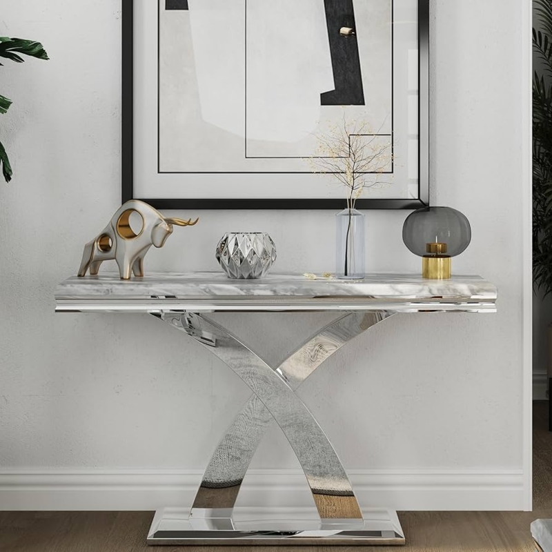 Console Table Polished Silver X Base Gray Marble Veining Top Glam