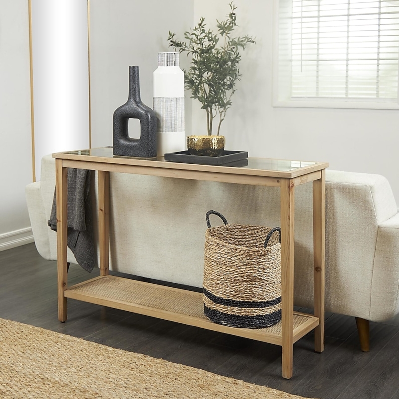 Console Table Rattan Lower Shelf Wood Toned Frame Glass Top Organic