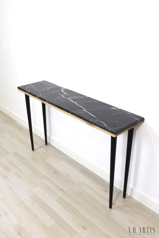 Console Table Real Marble Top Black Tapered Legs Ultra Slim Hallway