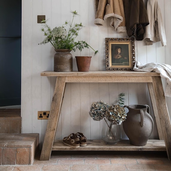 Console Table Reclaimed Wood Angled Legs Rustic Cottagecore