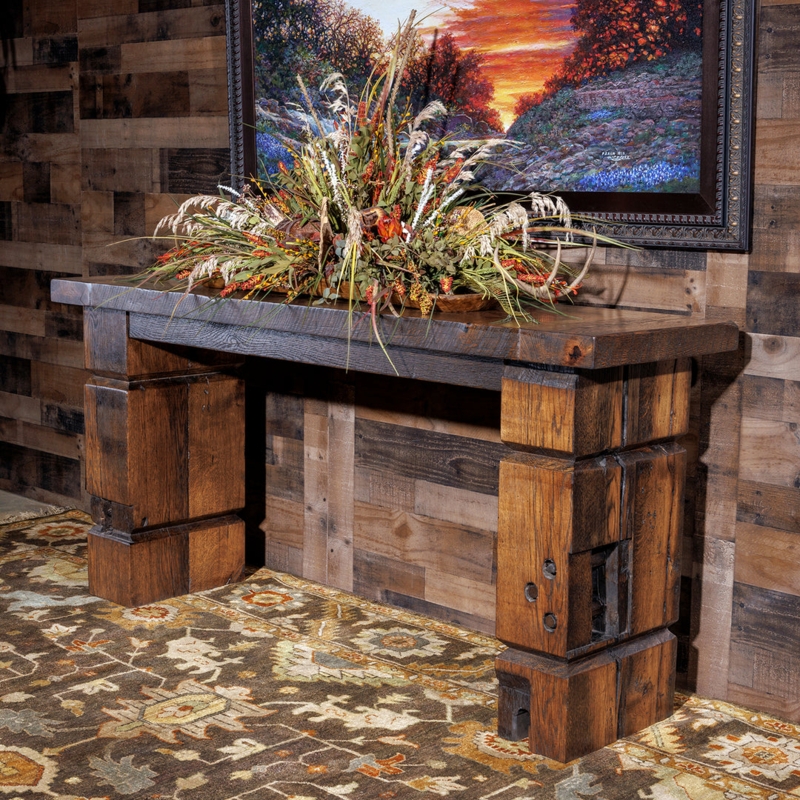 Console Table, Reclaimed Wood Beam, Rustic Chunky Timber, Heavy Block Base