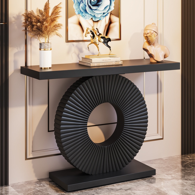 Console Table Ribbed Circular Base Matte Black Modern Glam