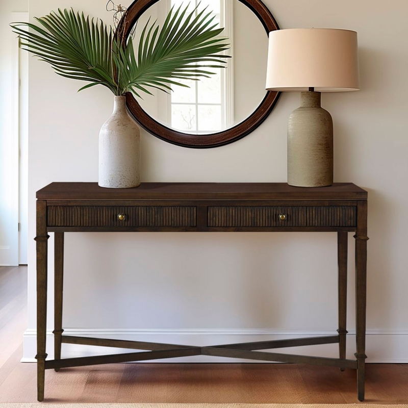 Console Table Ribbed Drawers X-Stretcher Base Dark Wood Toned Finish