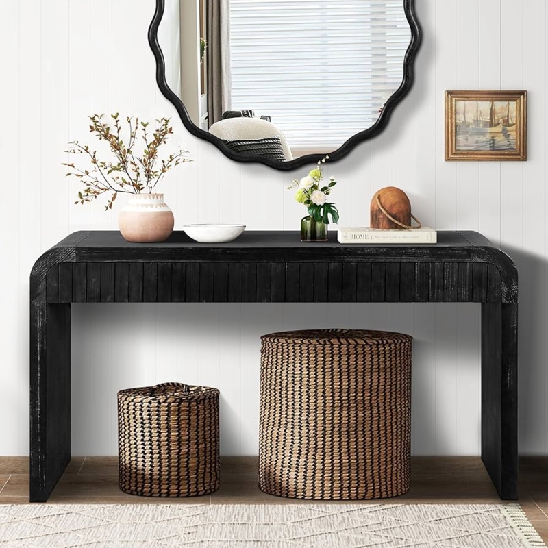 Console Table Ribbed Front Distressed Black Organic Modern