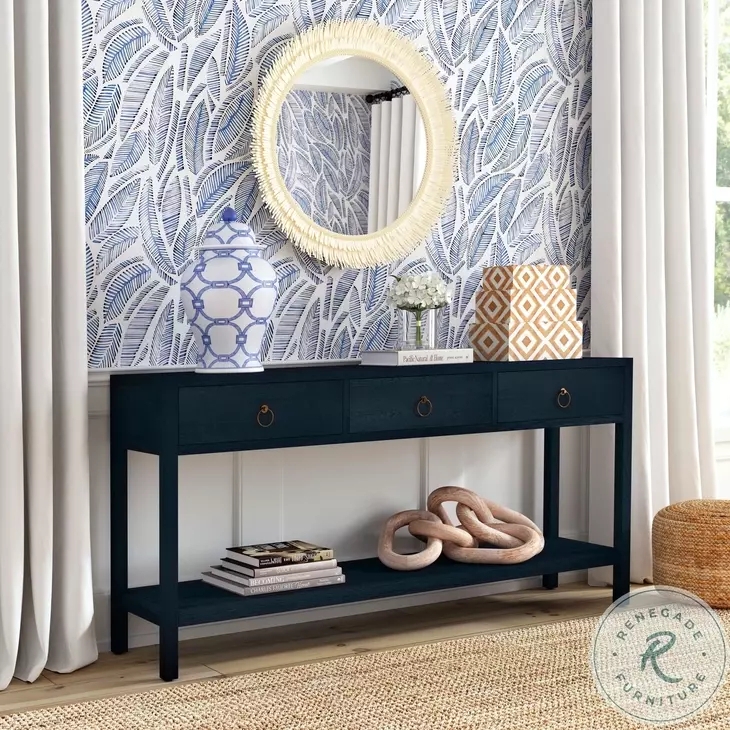 Console Table Ring Pulls Three Drawers Bottom Shelf Coastal Transitional