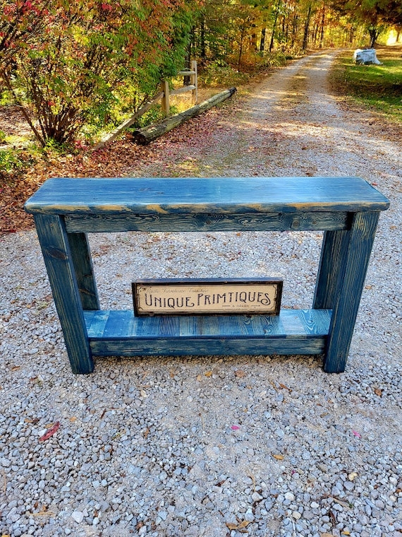 Console Table Rustic Blue Distressed Finish Two Tier Design Chunky