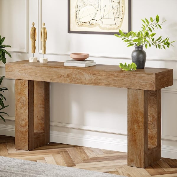 Console Table Rustic Brown Chunky Wood Frame Block Leg Design