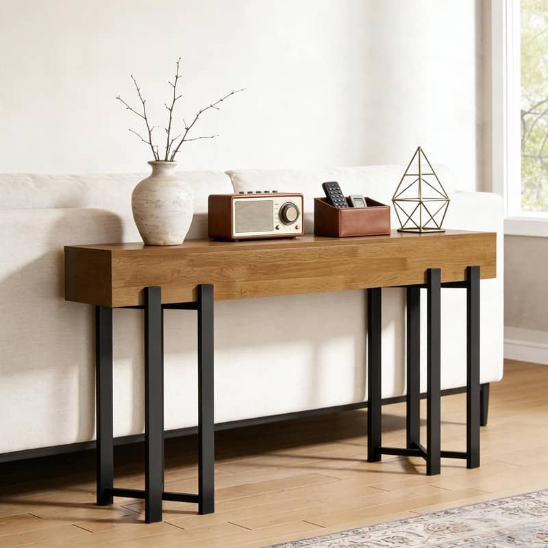 Console Table Rustic Brown Thick Top Slim Metal Frame Legs