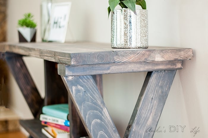 Console Table Rustic Chunky Plank Top X Leg Lower Shelf Dark Stain