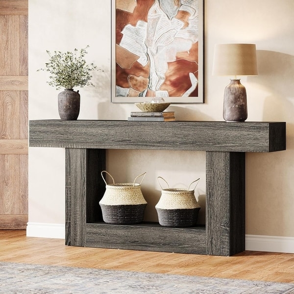 Console Table Rustic Gray Weathered Finish Thick Top Block Legs