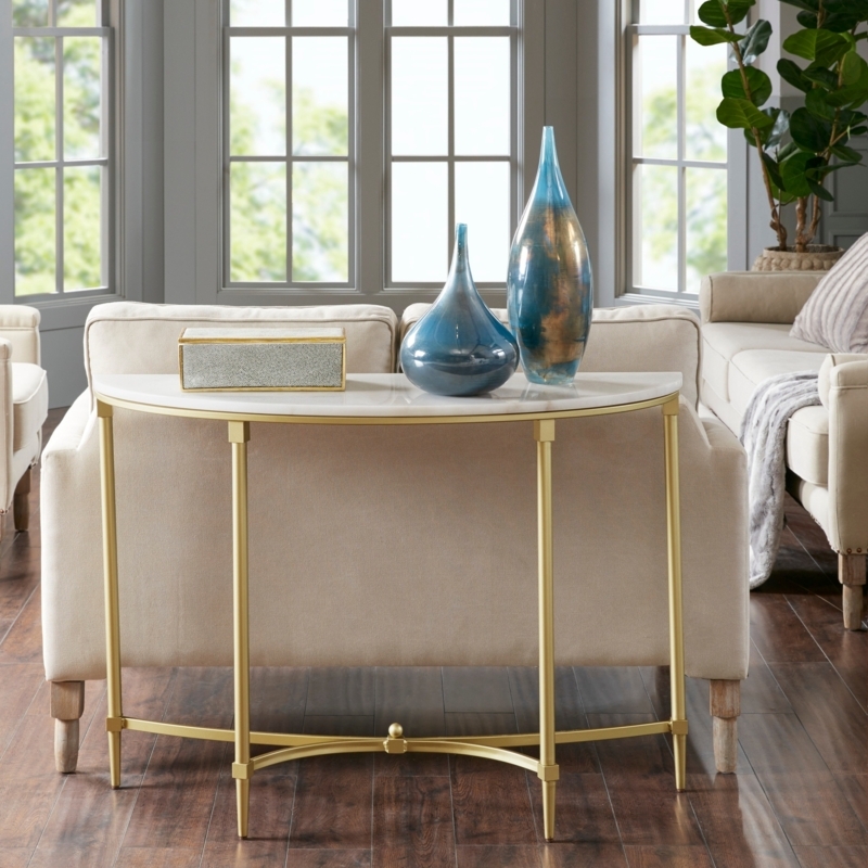 Console Table Satin Gold Frame Demilune Shape Marble Look Top Glam