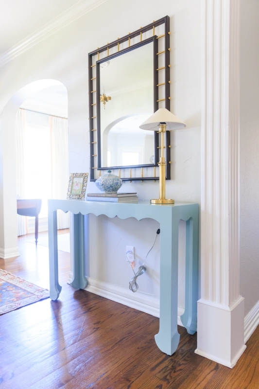 Console Table Scalloped Apron Pale Blue Lacquer Glossy Finish Flared Feet