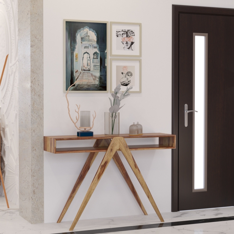 Console Table Sculptural A Frame Base Open Shelf Wood Entryway Piece