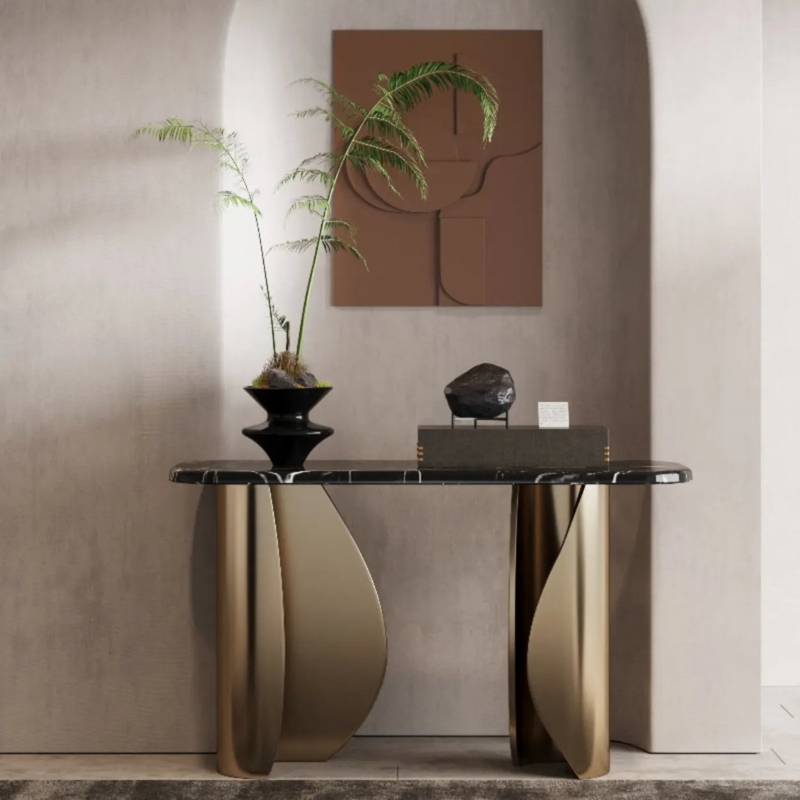 Console Table Sculptural Gold Pedestal Stone Top Modern Entryway
