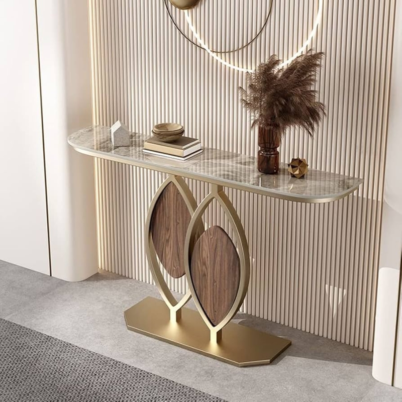 Console Table Sculptural Leaf Shaped Base Stone Top Gold Metal