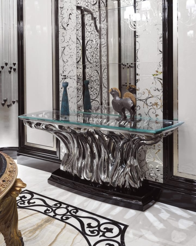 Console Table Sculptural Metallic Base Thick Glass Top Organic Form Glam