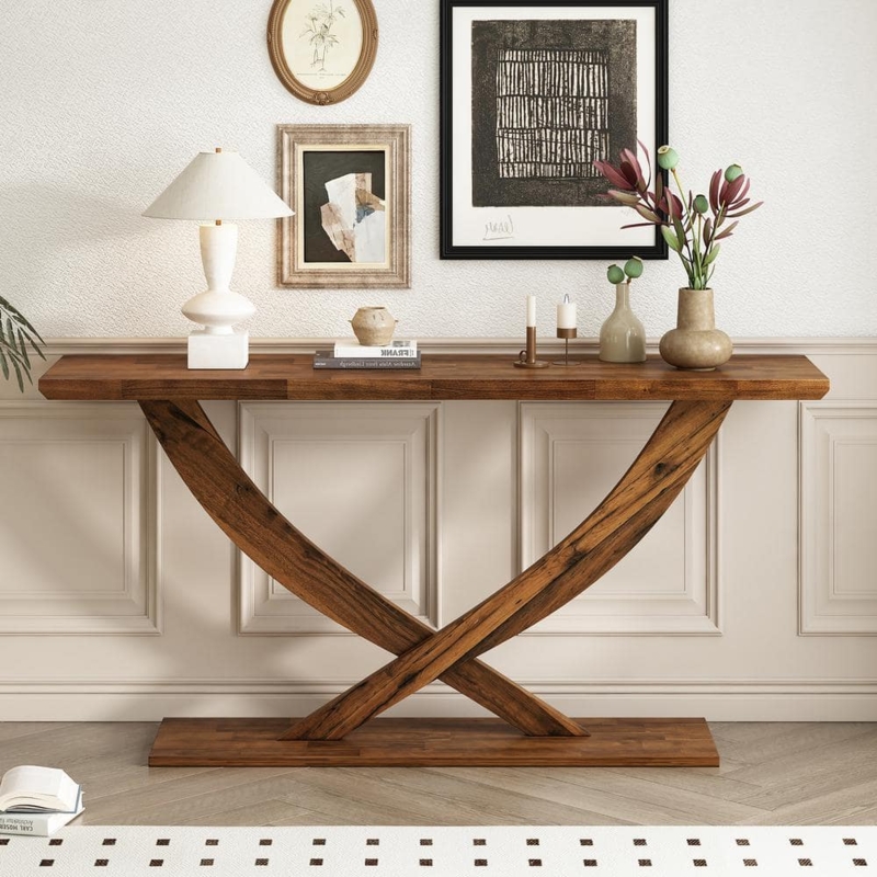 Console Table Sculptural Wood Curved Cross Leg Base Entryway Idea