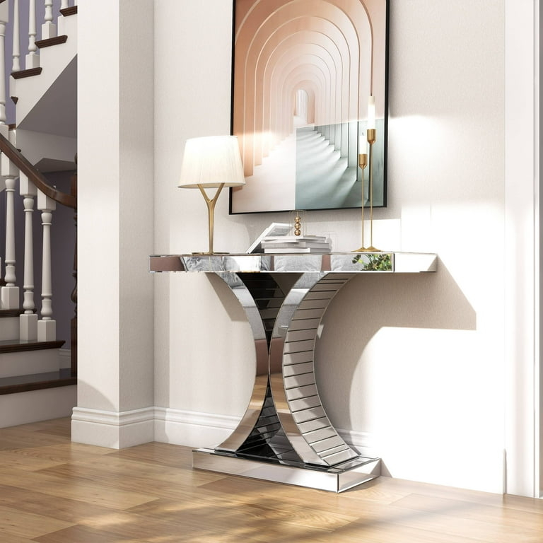 Console Table Sculptural X Cross Base Ribbed Mirrored Panels