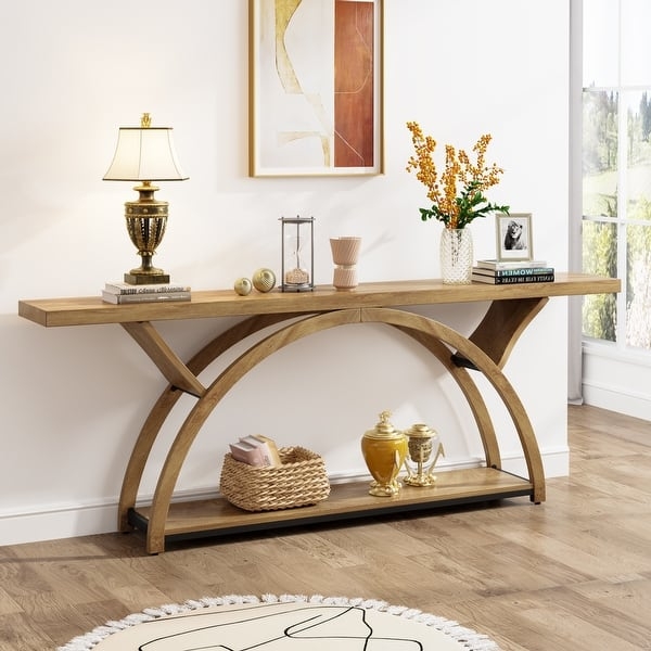 Console Table Semi-Circular Arched Legs Extra Long Two-Tier Wood