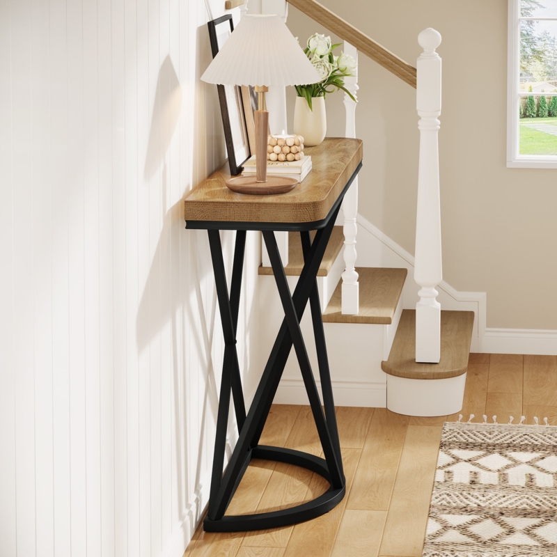 Console Table Semi-Circular Metal Base Crossed Legs Thick Wood Top