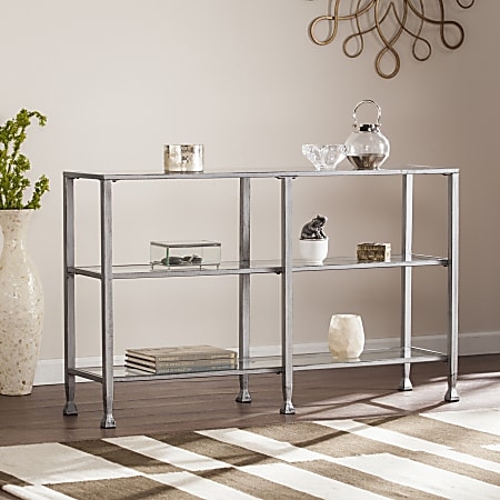 Console Table Silver Three Tier Glass Shelves Block Feet Minimalist