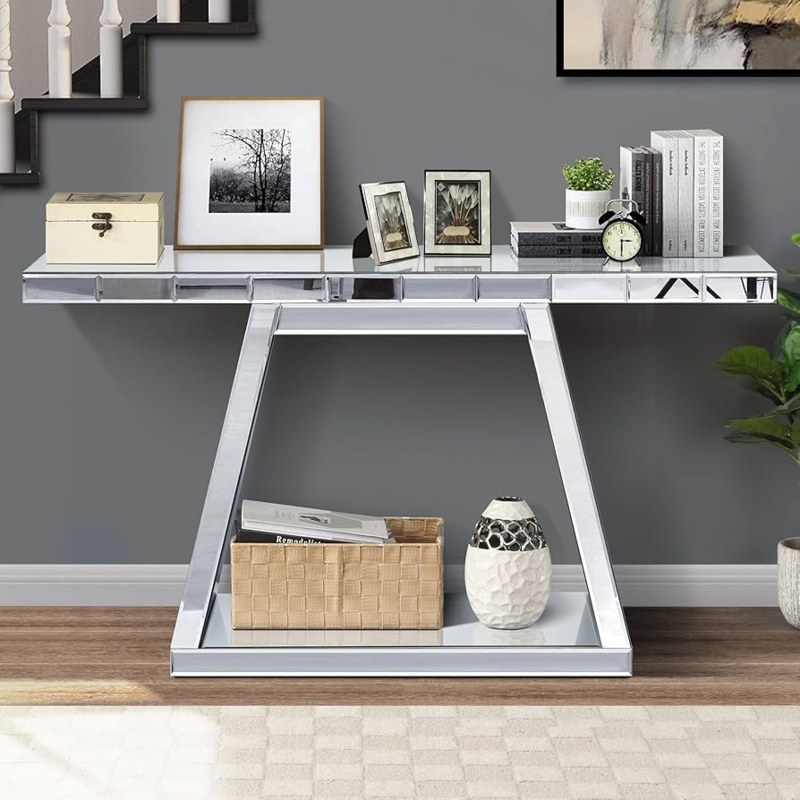 Console Table Silver Trapezoid Base Beveled Edge Mirrored Apron