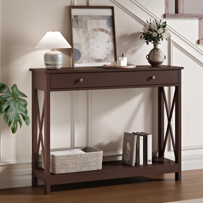 Console Table Single Drawer X-Frame Sides Espresso Entryway Furniture