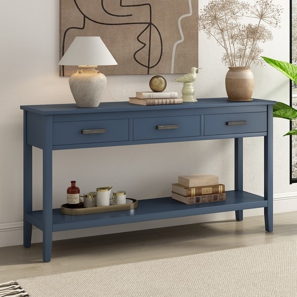 Console Table Slate Blue Finish Three Drawers Matte 59 Inch Lower Shelf