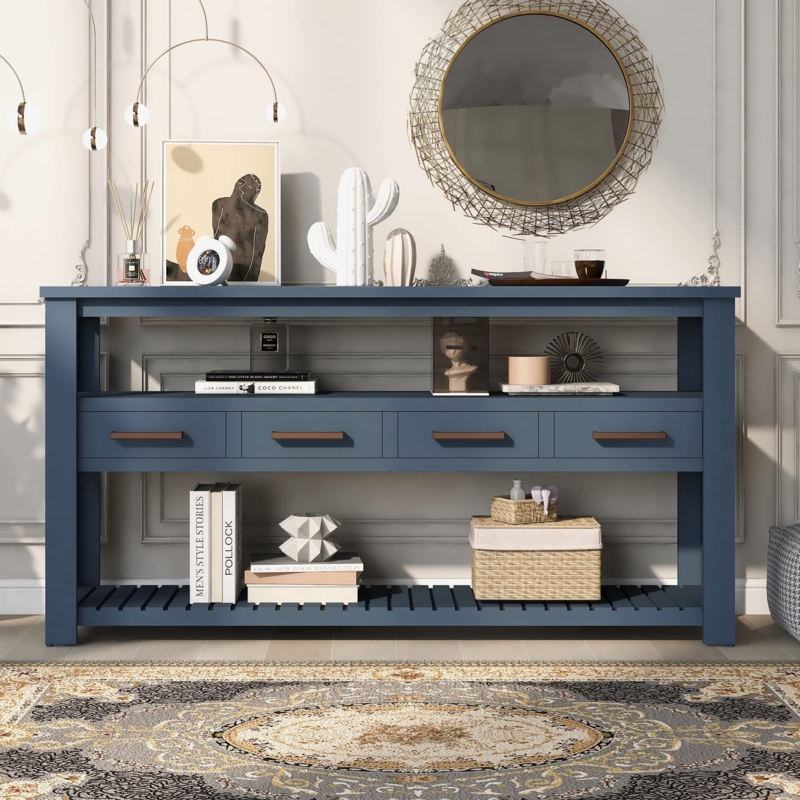 Console Table Slatted Bottom Shelf Navy Blue Four Drawers Transitional Style