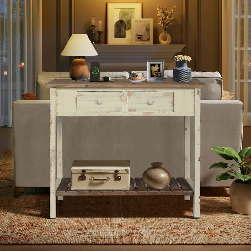 Console Table Slatted Lower Shelf Distressed Whitewash Rustic