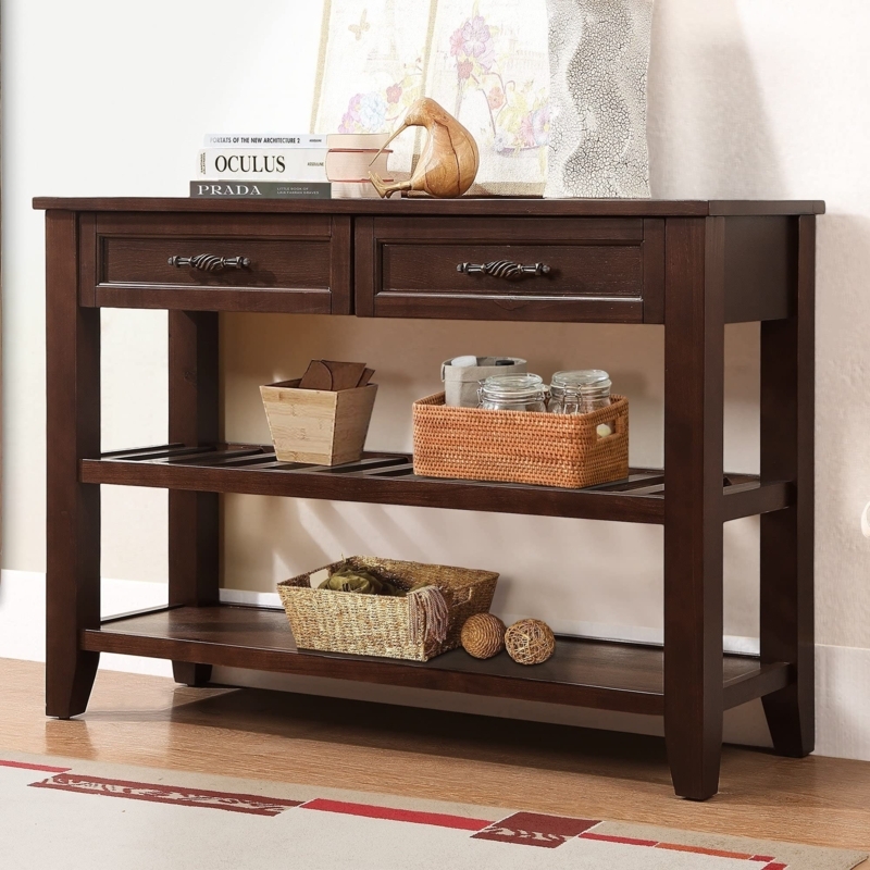 Console Table Slatted Middle Shelf with Metallic Pulls Entryway Decor