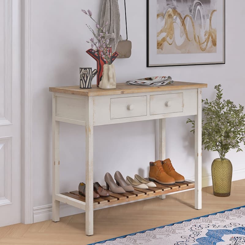 Console Table Slatted Shoe Shelf Two Tone Rustic Farmhouse Entryway