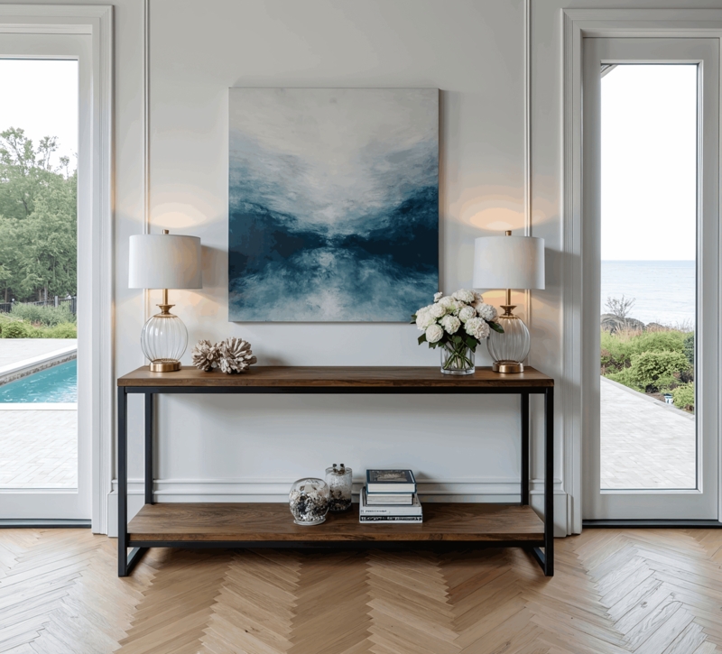 Console Table Sled Legs Two-Tier Wood Black Metal Coastal Modern