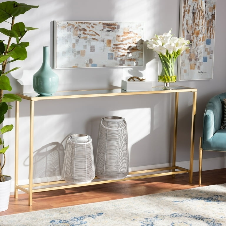 Console Table Slim Gold Metal Frame Mirrored Top Open Base