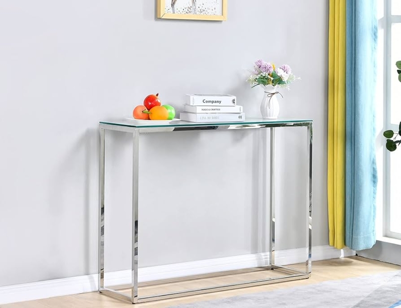 Console Table Slim Profile Chrome Open Base Glass Top