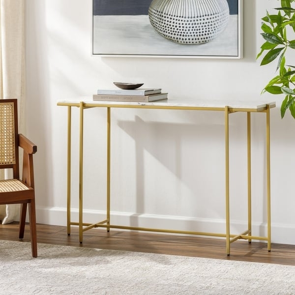 Console Table Slim Profile Metal Frame Crossbar Base Marbled Top