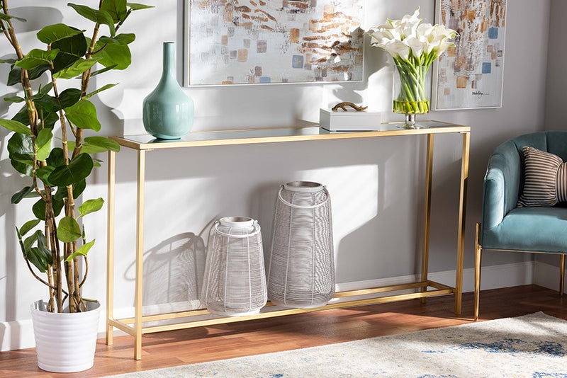 Console Table Slim Silhouette Mirrored Top Gold Metal Frame