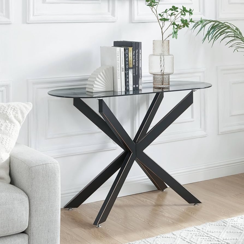 Console Table Smoked Glass Oval Top Black Metal Starburst Base