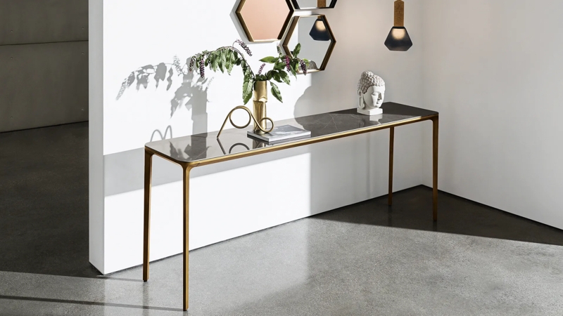 Console Table Stone Pattern Glass Top Slim Gold Legs Ultra Wide Minimalist